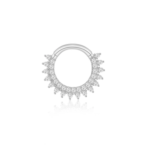 Detail view of silver S925 hinged nose ring with double rows of sparkling zirconia stones