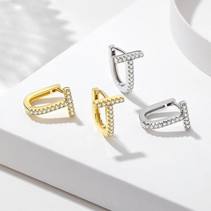 T Shape Hoop Earrings With Cubic Zirconia And 925 Sterling Silver Earring Post Copper Minimalist Gold Plated Jewelry