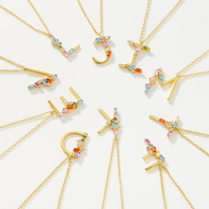 S925 sterling silver necklace with colorful zircon alphabet pendants on white background