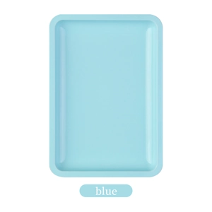 Detailed top view of a light blue rectangular stainless steel tray with rounded edges