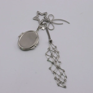 Silver metal keychain with star carabiner and long mesh tassel for women handbags