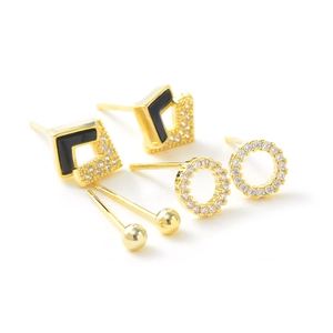 Three pairs of S925 silver needle earrings with gold beads and black geometric zircon