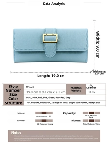 Detailed size guide and interior structure of the light blue PU leather long wallet
