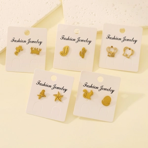 Miniature gold 18k stainless steel stud earring set with cute animal and plant motifs