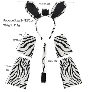Detailed plush zebra costume set with ear headband, long tail, and four limb sleeves