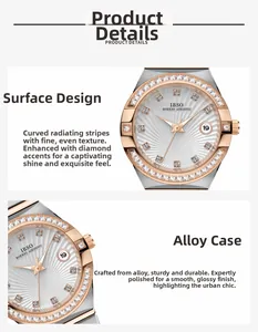 Detail of sunray dial and crystal bezel on rose gold women's steel watch