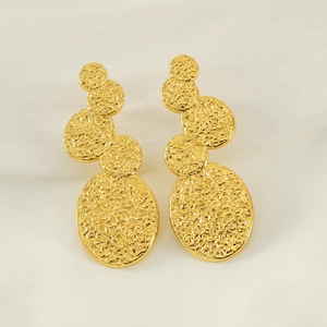 Geometric Drop Earrings 18K Gold Plated Stainless Steel Hammered Lava Texture Four Overlapping Disks INS Style For Women