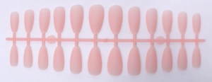 Macro detail of 24 pieces matte pink almond press-on nails on a plastic holder