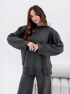 Distressed dark grey knitted two-piece set featuring a loose crewneck sweater and pants