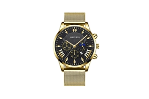 Macro detail of men's gold mesh watch with moon phase dial and calendar window