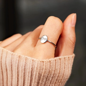 Minimalist S925 sterling silver ring with hand promise engraving shown on finger