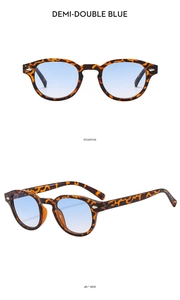 Front and 45-degree views of retro round tortoiseshell sunglasses with blue gradient lenses