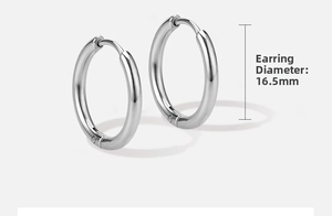 Detail view of 16.5mm polished stainless steel hoop earrings with size measurement