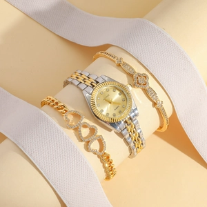 Montre à Quartz de Mode pour Femmes Et Bracelets Trèfle Cœur en Strass Bijoux Bicolores Or Argent pour Cadeau Femme