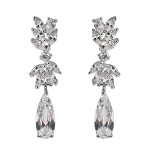 Elegant silver-toned long drop earrings with marquise and pear-shaped zircon stones