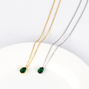 Elegant Pendant Necklace Stainless Steel Green Pear Shape Emerald Zircon Simple Jewelry For Women