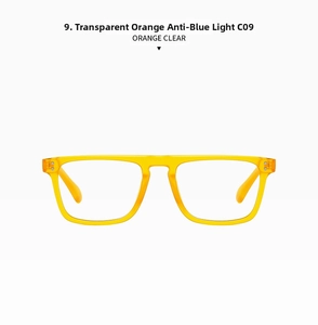 Detail view of transparent orange square frame glasses with anti-blue light lens C09