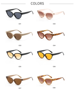 Grid view of small square cat-eye sunglasses in eight colorful jelly finishes