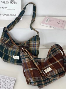 Vintage plaid hobo crossbody bag in green and brown check with adjustable strap