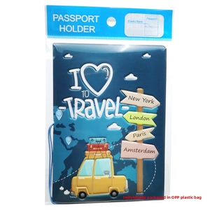 Close-up of blue cartoon passport holder in OPP bag with elastic band and travel map design