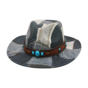Vintage western cowboy hat with distressed denim patchwork and turquoise band detail