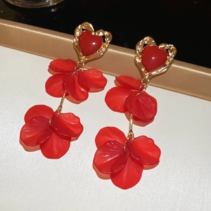 Elegant red heart petal fringe earrings in gold finish with a romantic floral design