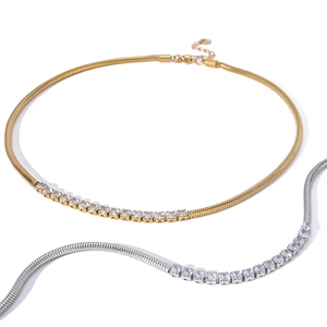 Elegant 18K gold and silver flat snake chain necklace set with zircon inlay