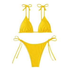 Bright yellow ribbed tie-side bikini set with triangle halter top and high-cut swim bottoms
