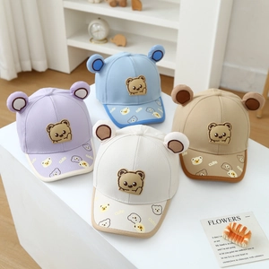 Kids bear ears baseball caps in pastel colors with cute bear embroidery and print