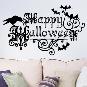 Minimalist black Happy Halloween wall decal with bats and raven for home decor