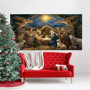 Nativity Scene Christmas Backdrop Tapestry Polyester Religious Manger Holy Night Wall Hanging Indoor Party Decor