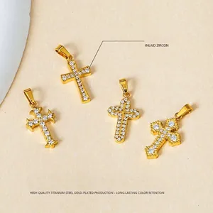Gold-plated titanium steel cross pendants with micro-inlaid zircon in four unique designs