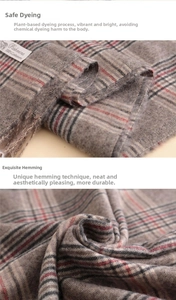 Detail of plaid cashmere scarf featuring plant-based dyeing and reinforced edges