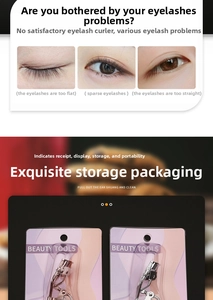 Detail showing professional eyelash curler with comb in purple blister card packaging