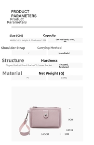 Detail view of pink PU leather coin purse showing zipper pocket and 3 external card slots