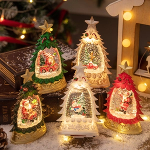 Christmas Tree Snow Globe LED Glowing Water Ball Desktop Ornament Retro Gold Base Resin Glass Decorative Festive Night Light