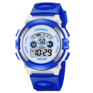 Waterproof digital sports watch for kids with luminous display in blue and white colors