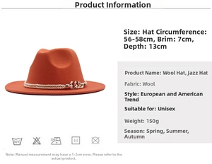 Spécifications de taille pour chapeau fedora orange en feutre avec chaîne dorée