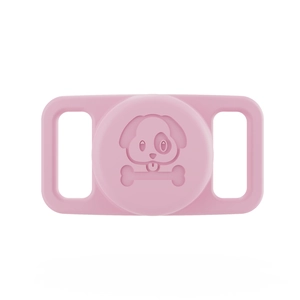 Close-up of pink silicone waterproof AirTag case featuring cute dog and bone patterns