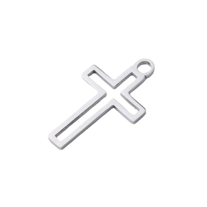 Hollow stainless steel cross pendant in silver with smooth finish and top ring for DIY necklace