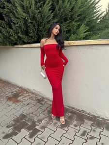 Robe Longue Épaules Dénudées Pour Femme Polyester Élasthanne Satin De Lait Manches Longues Fente Moulante Couleur Unie