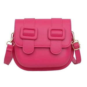 Fashionable rose red PU leather saddle crossbody bag with golden metal buckles