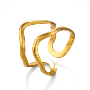 Minimalist double layer irregular wavy open ring in gold plated stainless steel