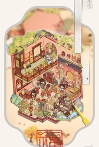 Macro detail of 3D Chinese architectural stickers with miniature furniture and figures