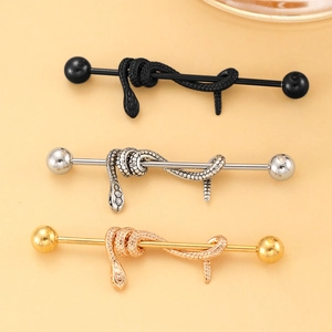 Vintage snake industrial barbell earrings in black, silver, and gold stainless steel