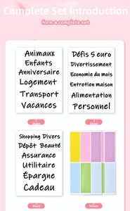 Detailed view of 5 French budget planner stickers including category and index labels