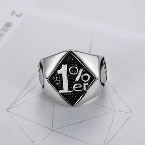 Macro shot of vintage silver-tone stainless steel 1%er skull biker ring with black texture