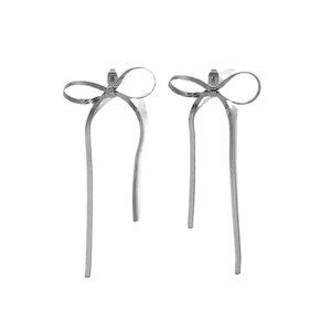Elegant silver bow ribbon tassel earrings made of polished stainless steel for women