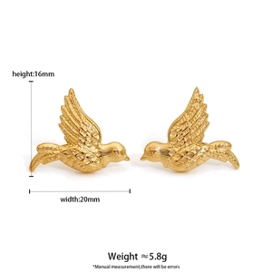 Minimalist gold swallow bird stud earrings showing 16mm height and 20mm width dimensions