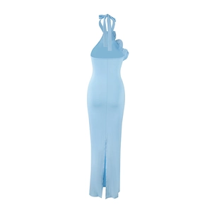 Detail view of backless design with bow neck tie and split hem on light blue dress